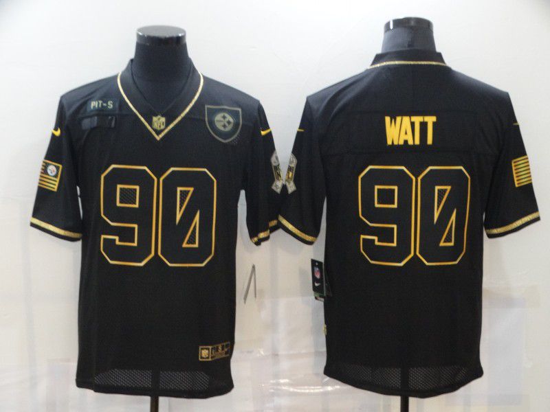 Men Pittsburgh Steelers #90 Watt Black Retro Gold Lettering 2020 Nike NFL Jersey